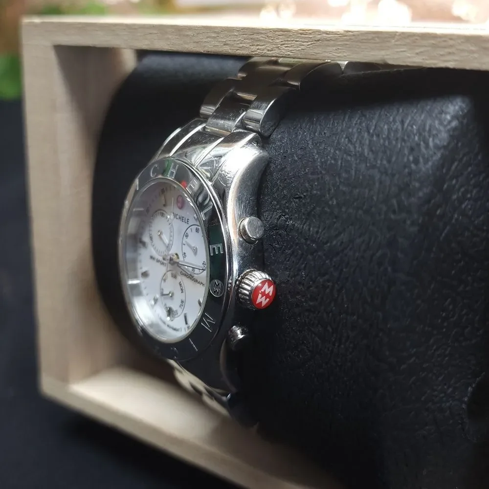 Michele MW Sport Silver Chronograph Swiss Quartz Watch EUC AUTHENTIC